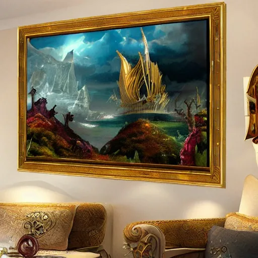 Image similar to fantasy crystal magic skyship flying over dramatic landscape, highly detailed, beautiful