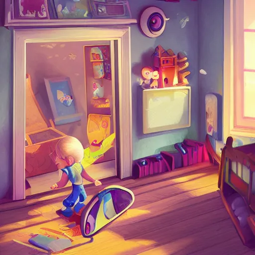 Prompt: A child discovering his room can open a portal to another dimension, digital art, trending on artstation, high details