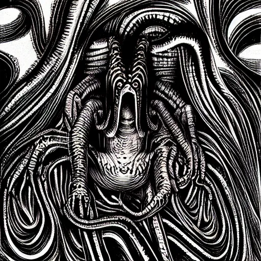 Image similar to eldritch frog abomination of unimaginable horror by h. r. giger and junji ito, speculative evolution, op art with big bold patterns