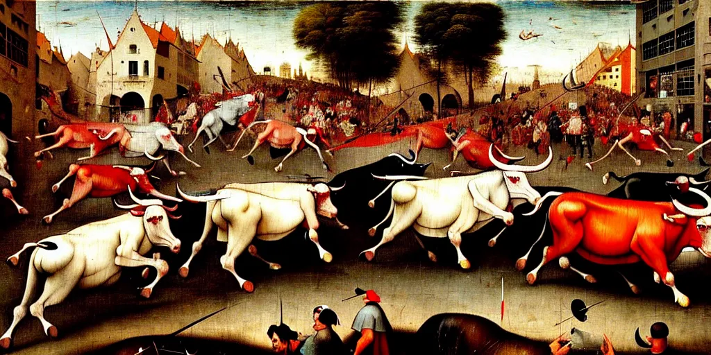 Image similar to the running of the bulls in pamplona, hundreds of people are fleeing from rampaging bulls in the city streets, art by hieronymus bosch, intricate, elegant, highly detailed, smooth, sharp focus, artstation