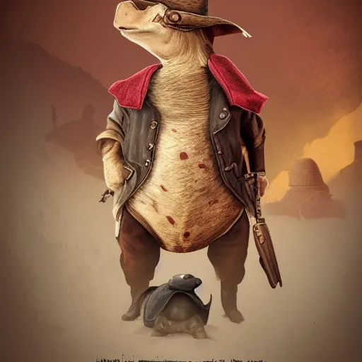 Image similar to cute little anthropomorphic tortoise in Red Dead Redemption 2 (2018 videogame) cover art, ultra wide lens shot , tiny, swine, hug, small, short, cute and adorable, pretty, beautiful, DnD character art portrait, matte fantasy painting, DeviantArt Artstation, by Jason Felix by Steve Argyle by Tyler Jacobson by Peter Mohrbacher, cinematic lighting