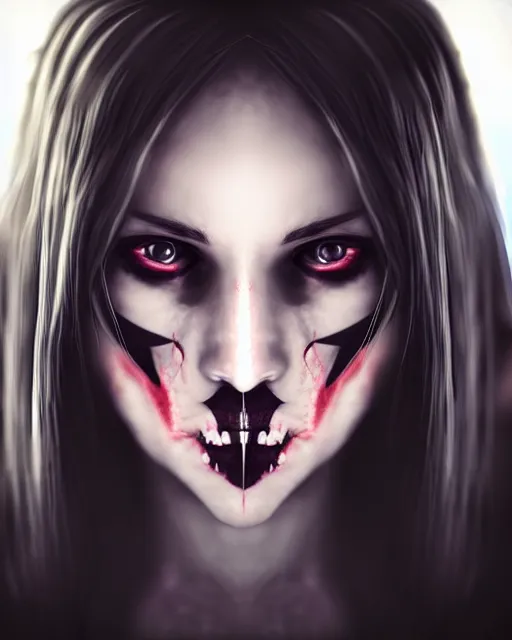 Image similar to realistic portrait of a scary young female game character with big equilateral triangle in place of a mouth, detailed portrait, high quality photo