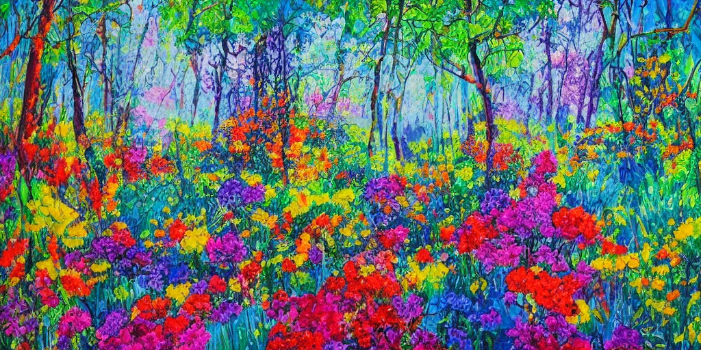 Prompt: luxurious primeval forest, flowers in bloom, colorful, peaceful, serene, colorful birds, in the style of André Chéret,