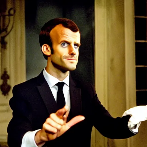 Prompt: Emmanuel Macron wearing a mustache in American Psycho (1999)