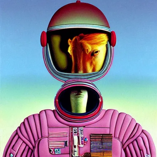 Image similar to Portrait of a Horse astronaut wearing helmet in the style of James Gilleard, Zdzislaw Beksinski, Mark Ryden, Wolfgang Lettl highly detailed, hints of Yayoi Kasuma