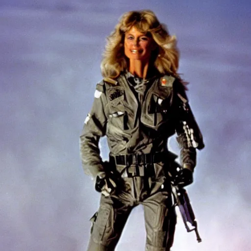 Prompt: movie still, 1 9 8 0 s, sci - fi farrah fawcett in combat suit, hyperdetailed, by ridley scott, john carpenter and vittorio storaro, blue lights