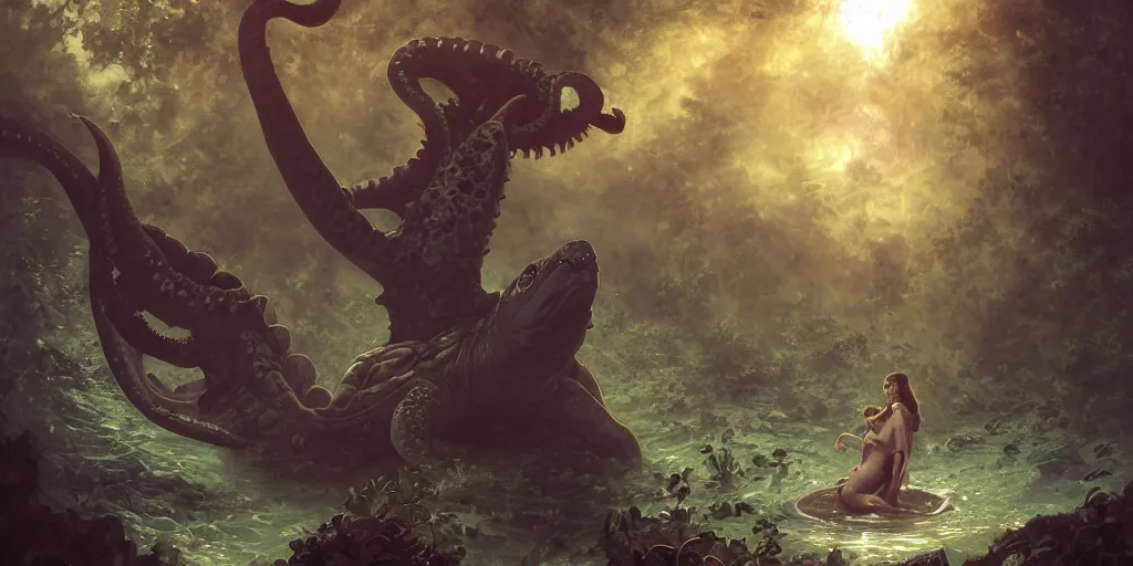 Image similar to Fantasy fairytale story, Great Leviathan Turtle, cephalopod, Cthulhu Squid Terrapin, Mysterious Island, center Universe, hybrid, Reptilian Cyborg, intense celestial fantasy atmospheric lighting, hyper realistic, William-Adolphe Bouguereau, François Boucher, Jessica Rossier, Michael Cheval, michael whelan, Cozy, hot springs hidden Cave, Forest, candlelight, natural light, lush plants and flowers, Spectacular Mountains, bright clouds, luminous stellar sky, outer worlds, Golden dapple lighting, Solar Flare Unreal Engine, HD,