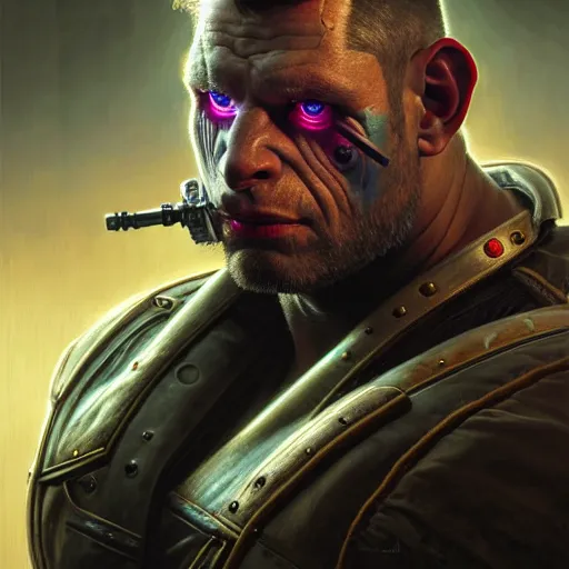 Image similar to portrait painting of a cyberpunk orc medic muscular michael sheen, ultra realistic, concept art, intricate details, eerie, highly detailed, photorealistic, octane render, 8 k, unreal engine. art by artgerm and greg rutkowski and charlie bowater and magali villeneuve and alphonse mucha