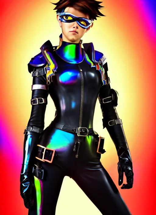 Image similar to oil painting digital artwork of tracer overwatch, confident pose, wearing black iridescent rainbow latex, 4 k, expressive happy smug expression, makeup, in style of mark arian, wearing leather collar, wearing sleek armor, black leather harness, expressive detailed face and eyes,