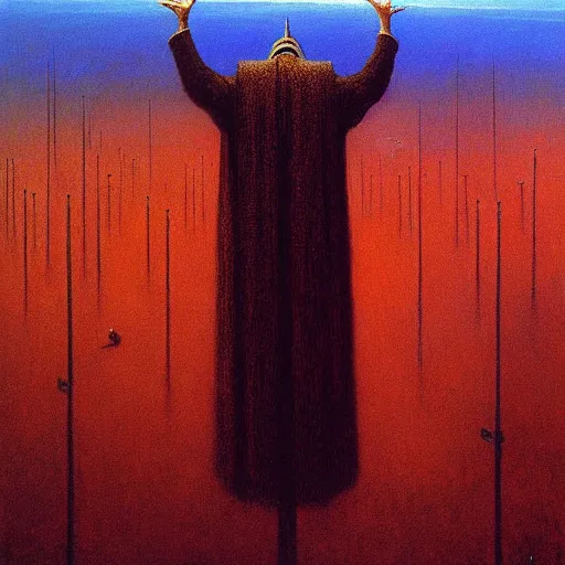 Image similar to a giant rabbi stands over a city painting by beksinski, barlowe colors. masterpiece painting