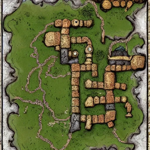 Prompt: overhead RPG battlemap of a stone fort sitting above a swamp, detailed, hand-painted, drivethruRPG top seller popular