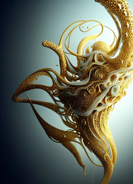 Image similar to abstract organic ornament in fluid creature, white and gold biomechanic plastic, glow lighting, fantasy, intricate, elegant, highly detailed, lifelike, photorealistic, octane render, 3d, concept art, smooth, sharp focus,