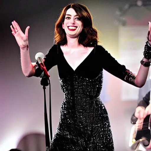 Image similar to Anne Hathaway as a rock singer on the stage