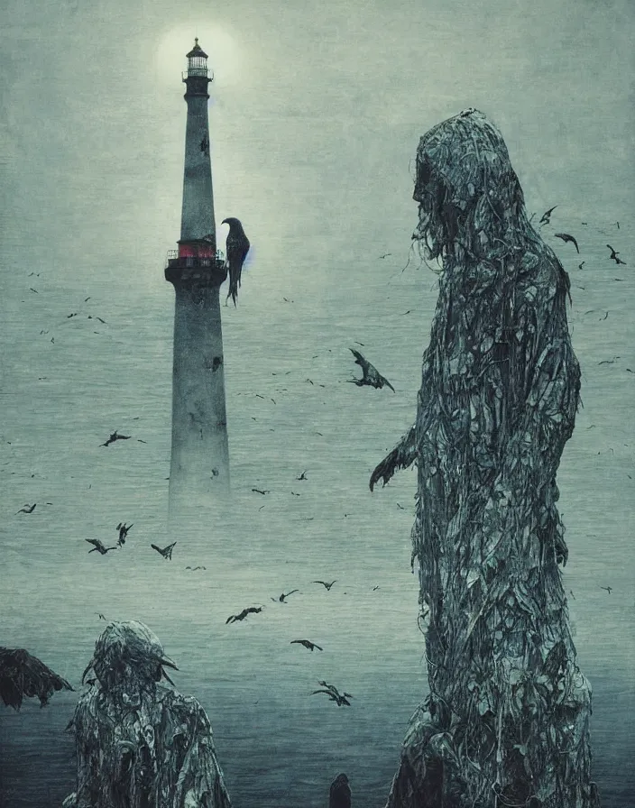 Image similar to worshippers in robes belonging to the cult of the lighthouse standing in waves with ravens flying overhead, a lighthouse, ravens, high detailed beksinski painting, part by adrian ghenie and gerhard richter. art by takato yamamoto. masterpiece, dark and moody, deep colours