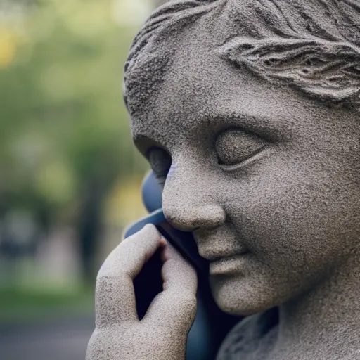 Prompt: a stone statue of a girl playing with a stone phone, 5 0 mm lens, f 1. 4, sharp focus, ethereal, emotionally evoking, head in focus, volumetric lighting, 8 k