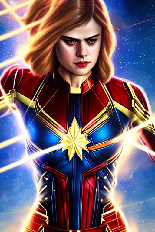 Image similar to alexandra daddario as captain marvel, realistic portrait, symmetrical, highly detailed, digital painting, artstation, concept art, smooth, sharp focus, illustration, cinematic lighting, art by artgerm and greg rutkowski and alphonse mucha