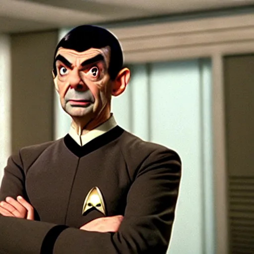 Image similar to Movie still of Mr. Bean as Spock from Star Trek, direct gaze