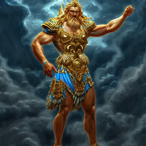 Image similar to Character concept art, Digital Paint, Zeus, God, Character Design, Digital Art, Gold Light, Blue Mist, 8K, insanely detailed and intricate, ornate, hyper realistic, super detailed, Cloudy background, Trending on Artstation, in the style of James Jean