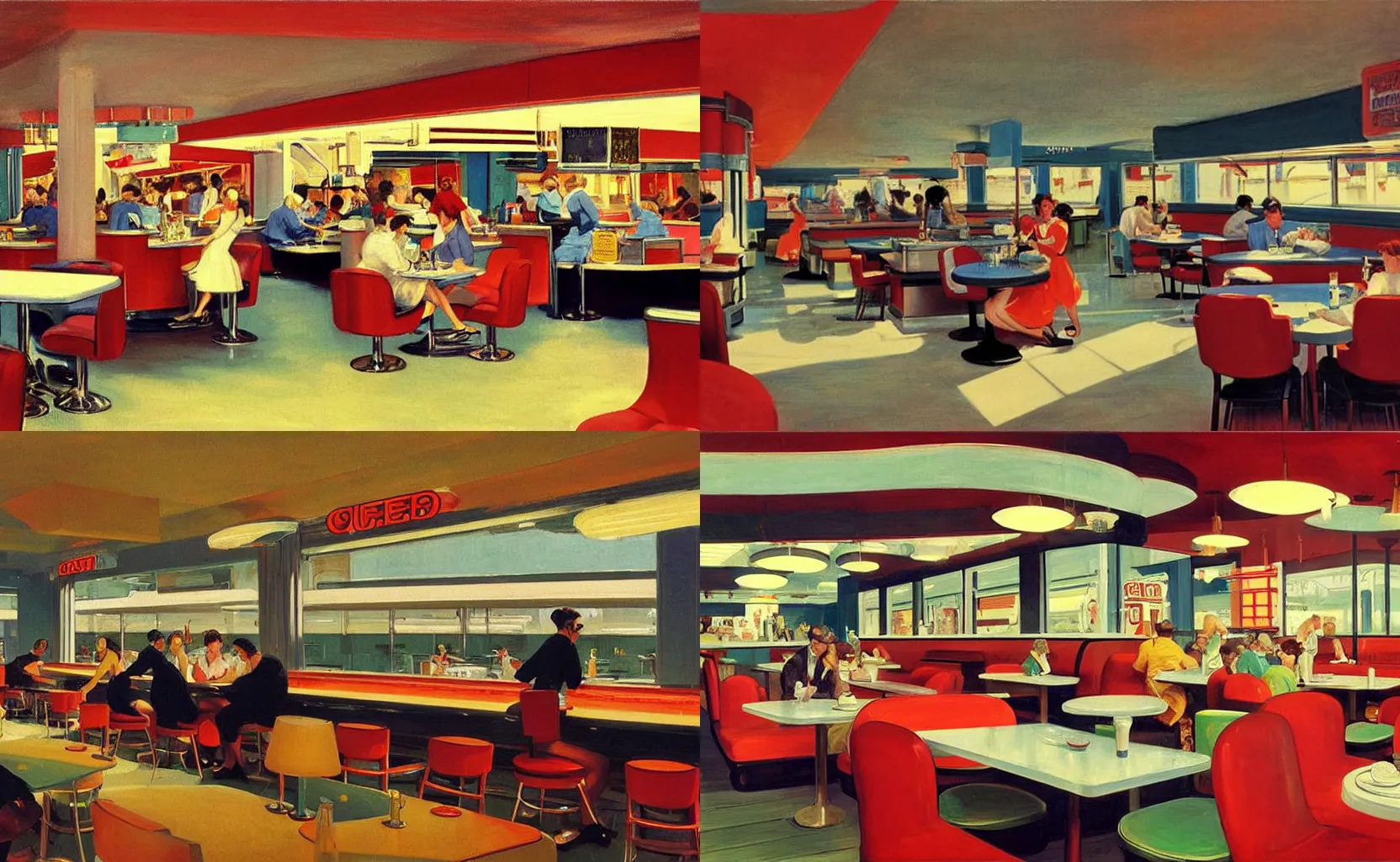 Prompt: the interior of a 50s diner store, painting by Syd Mead and Edward Hopper