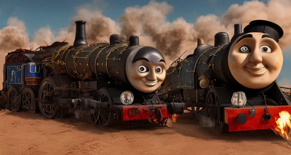 Image similar to steampunk Thomas the Tank Engine with fire in MAD MAX: FURY ROAD