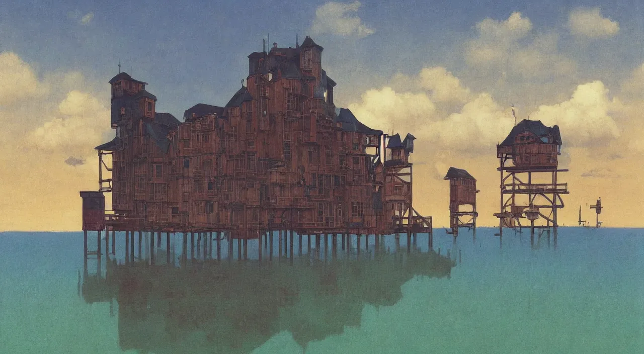 Prompt: single flooded simple blue wooden tower, very coherent and colorful high contrast!! masterpiece by rene magritte simon stalenhag carl spitzweg syd mead norman rockwell edward hopper james gilleard, minimalist, dark shadows, sunny day, hard lighting