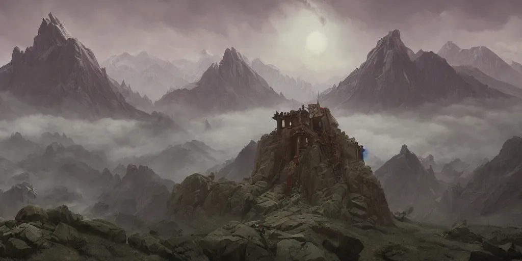 Prompt: ominous mountains fantasy rpg, matte painting, Sergey Kolesov, Tristan Eaton, James Gurney, greg rutkowski