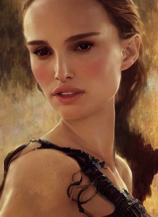 Image similar to music video screenshot of natalie portman, unreal, fantasy, intricate, elegant, dramatic, highly detailed, photorealistic, digital painting, painterly, artstation, concept art, smooth, sharp focus, art by John Collier and Krenz Cushart and Artem Demura and Alphonse Mucha and Albert Aublet