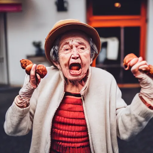 Image similar to elderly woman screaming at a sausage, canon eos r 3, f / 1. 4, iso 2 0 0, 1 / 1 6 0 s, 8 k, raw, unedited, symmetrical balance, wide angle