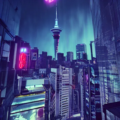 Prompt: auckland city and sky tower furturistic, dynamic lighting, cinematic composition, upside down stranger things, cyberpunk, evil, artstation, octane render