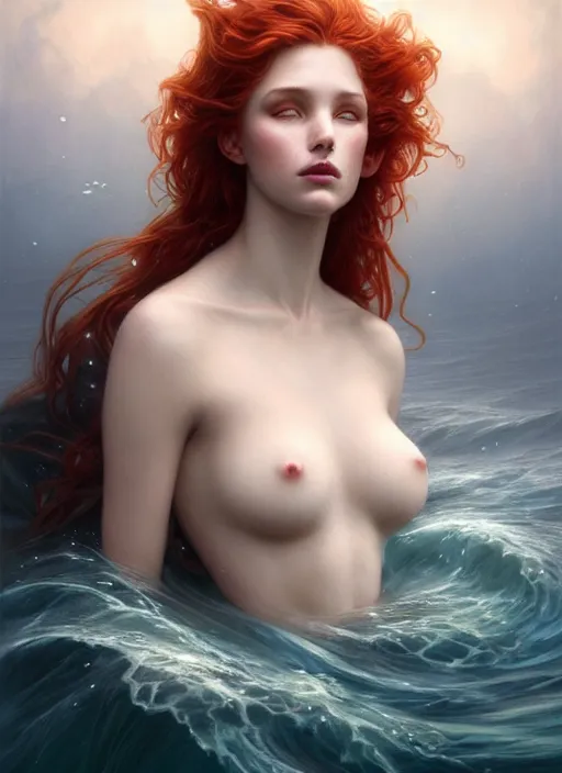 Prompt: goddess of the ocean portrait of a seductive redhead dreaming in underwater murky light, wind blown hair! fantasy esoteric, d & d, fantasy, intricate, elegant, highly detailed, digital painting, artstation, concept art, matte, sharp focus, illustration, art by artgerm and tom bagshaw and greg rutkowski and alphonse mucha