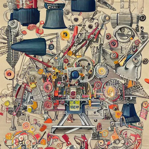 Image similar to a chaotic scene of many pairs of scissors and a crazy machine with lots of details and contraptions. the illustration is very detailed and intricate, with a lot of small elements that come together to create a cohesive whole. it uses a limited palette of colors, which helps to create a cohesive and unified look.