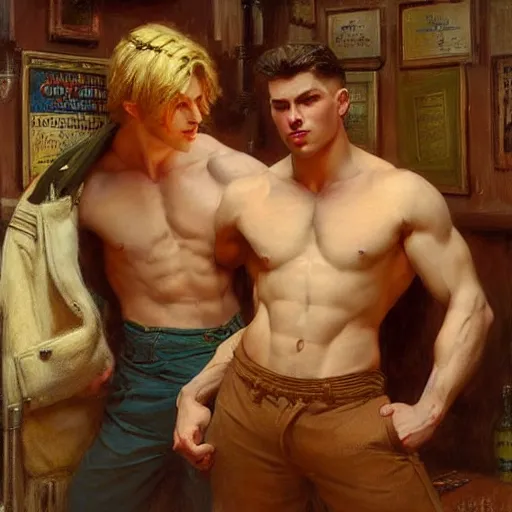 Image similar to attractive muscular male with brunet hair and attractive muscular male with blond hair. pants and shorts, drinking their hearts out, in a pub. very defined and detailed painting by j. c. leyendecker, gaston bussiere, craig mullins 8 k