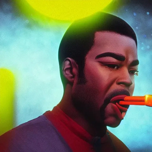 Image similar to a hyper realistic ultra realistic photograph of Geordi La Forge spitting up neon gravy, highly detailed, 8k photograph