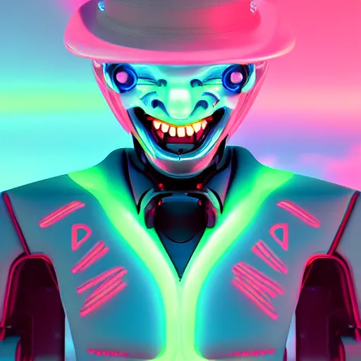 Image similar to robot joker neon glowwave, clouds, glowwave, digital art, artstation, unreal render