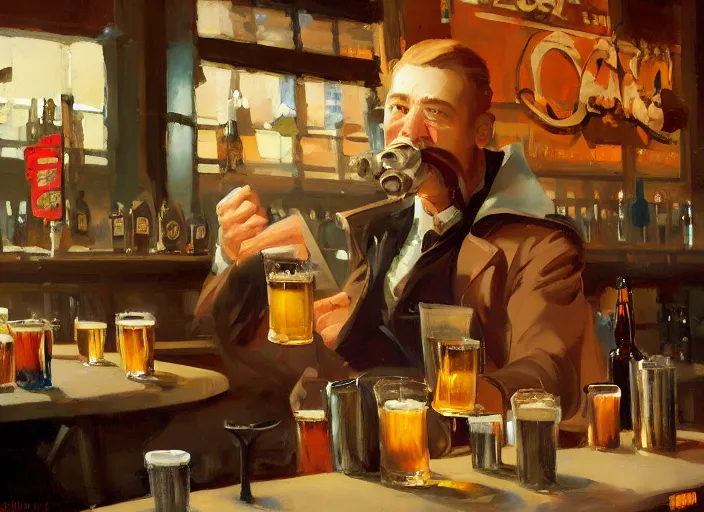 Prompt: greg manchess still life painting of a delicious mug of beer in a dieselpunk bar, organic painting, matte painting, bold shapes, hard edges, street art, trending on artstation, by huang guangjian and gil elvgren and sachin teng