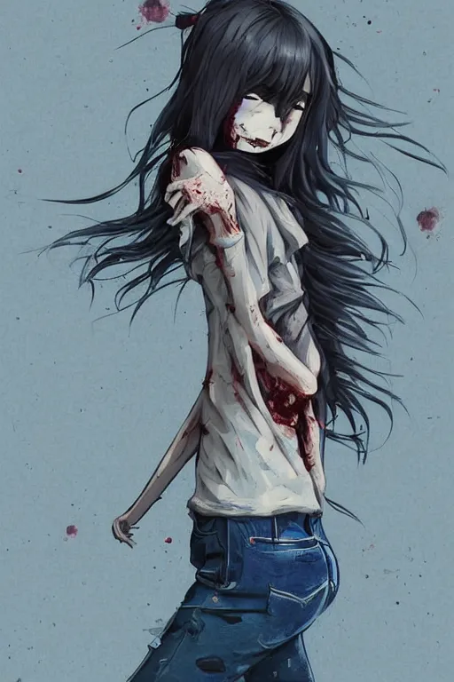 Image similar to urban school zombie girl in tattered clothes running away fanart, dark blue long hair, muted colors, matte print, pastel colors, ornate, digital art, cute smile, digital painting, fan art, elegant, pixiv, by Ilya Kuvshinov, by Studio Ghibli