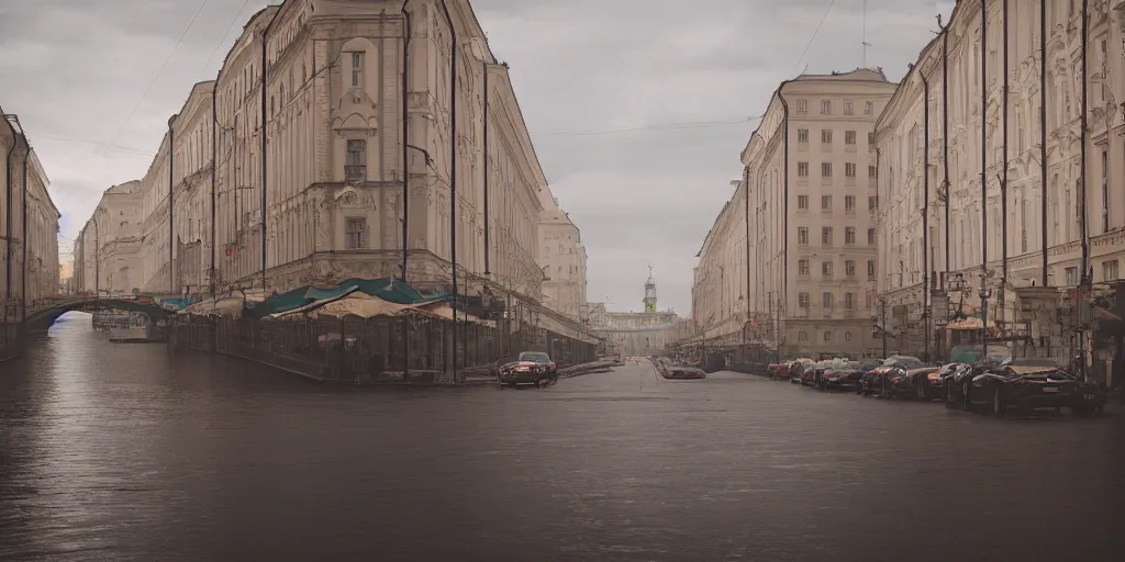 Image similar to cinematic street shot of a floating saint petersburg city, telephoto, anamorphic cinematography, beautiful composition, color theory, leading lines, photorealistic, moody volumetric lighting