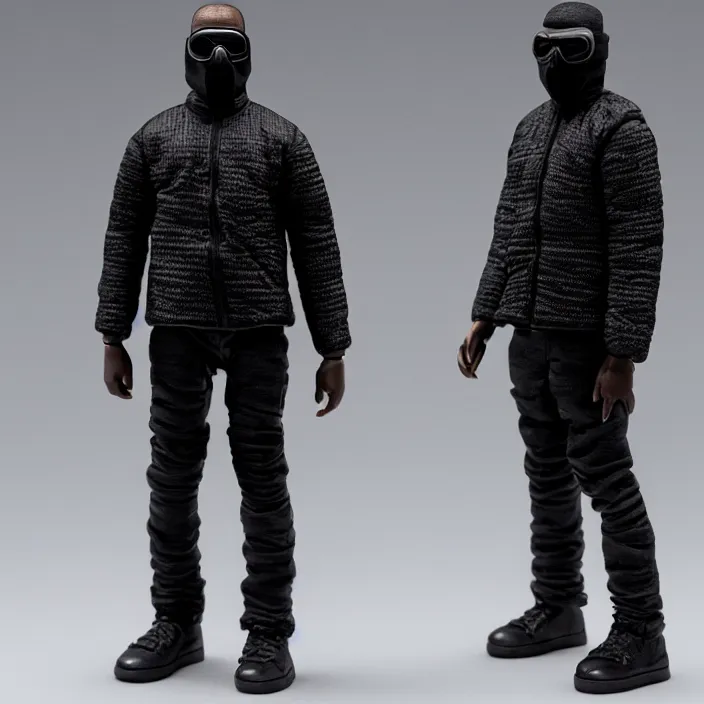 Image similar to a action figure of kanye west using full face - covering black mask with small holes. a small, tight, undersized reflective bright black round puffer jacket made of nylon. a shirt underneath. black jeans pants. a pair of big black rubber boots, figurine, detailed product photo, 4 k, realistic, acton figure, studio lighting, professional photo