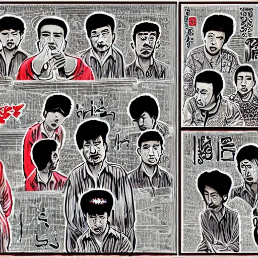 Prompt: uyghur Uighur men in a prison, heart kidney lungs, in the style of daniel johnston and outsider art, 4k, line brush, overlaid with chinese adverts and mandarin text