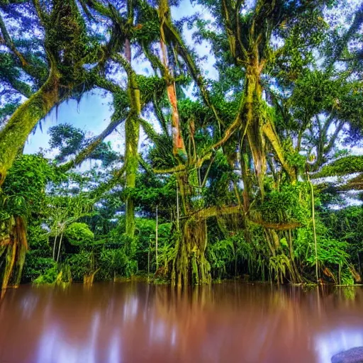 Image similar to magical trees and the amazon river in the amazon rainforest by anderson debernardi and pablo amaringo