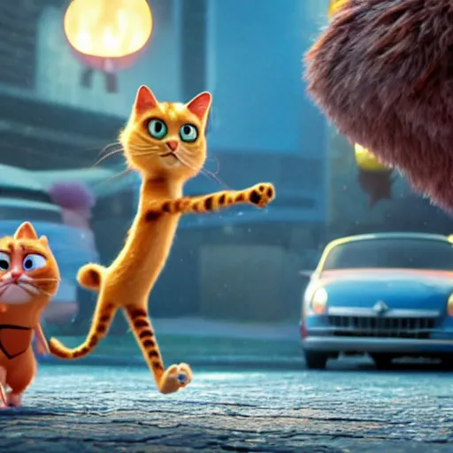 Image similar to a cinematic fill still from a 2015 Pixar movie where anthropomorphic cats battle against aliens, in the style of Pixar, shallow depth of focus