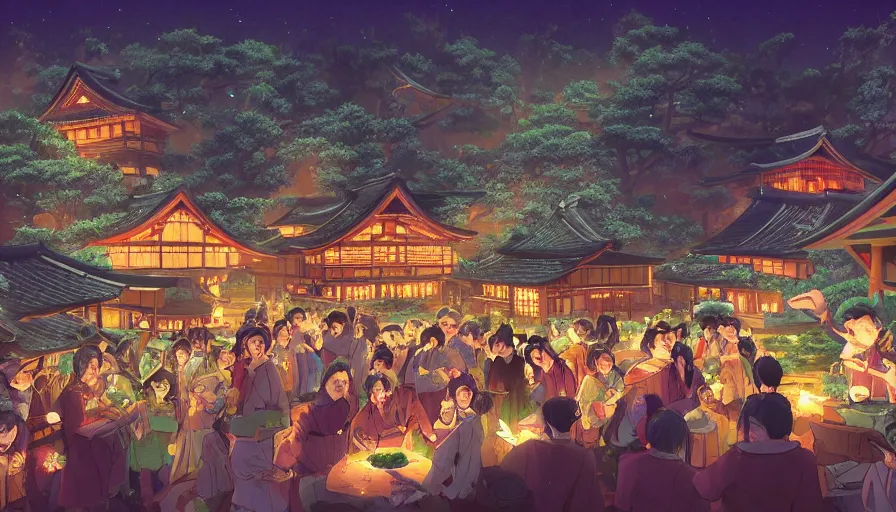 Image similar to party in a japanese village built in green mountains, fireplace, banquet, fireworks, lights at night, moon, manga style, hyperdetailed, artstation, cgsociety, 8 k