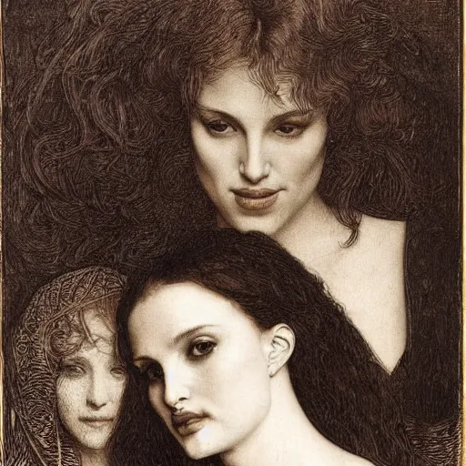 Prompt: engraving portrait of natalie portman and scarlet johansson, by albrecht durer, jean delville, alphonse mucha, jan van eyck, da vinci