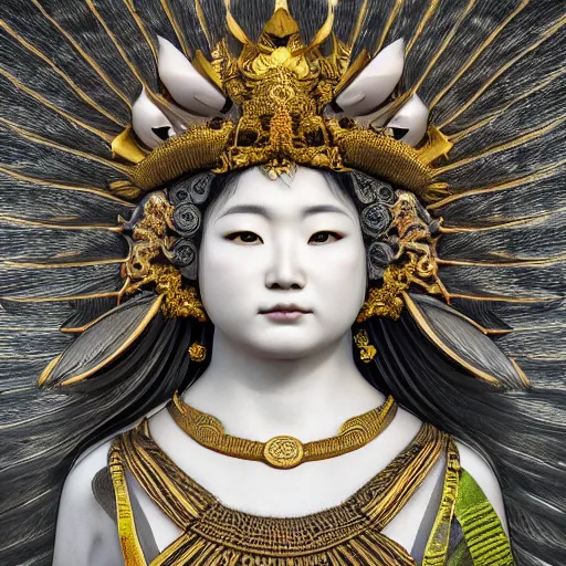 Image similar to hyper realistic portrait photo of ameterasu the sun goddess of japan, portrait shot, intricate detail, octane render