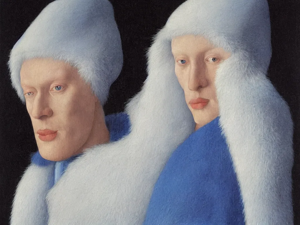 Prompt: Portrait of albino mystic with blue eyes, with snow. Painting by Jan van Eyck, Audubon, Rene Magritte, Agnes Pelton, Max Ernst, Walton Ford