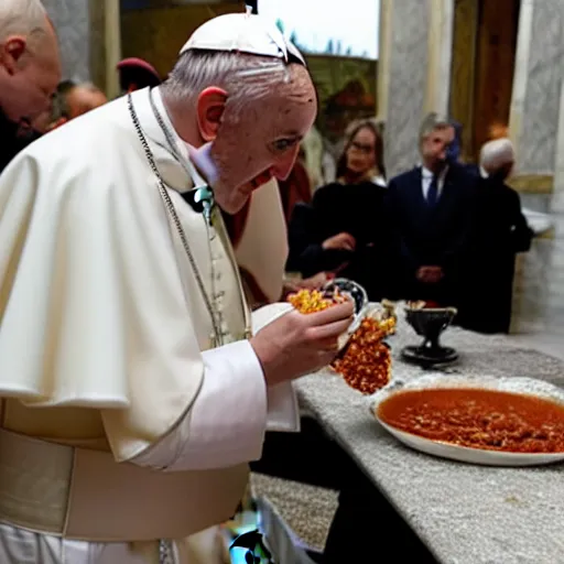 Prompt: the pope eating chili from a white toilet bowl, more toilets lined up next to him