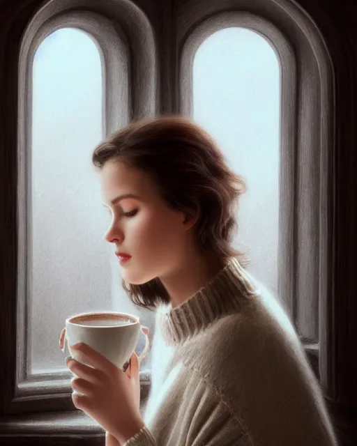 Image similar to photograph of a pretty french girl with dark hair, wearing a loose oversized white sweater, cuddled up by a windowsill sipping a mug of tea during sunset. dramatic lighting, fantasy, intricate, elegant, highly detailed, lifelike, photorealistic, digital painting, artstation, illustration, concept art, smooth, sharp focus, art by John Collier and Albert Aublet and Krenz Cushart and Artem Demura and Alphonse Mucha