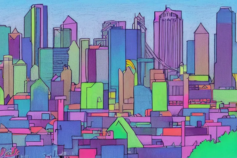 Image similar to !! pastel!! seattle in a sunny day, artwork by tooth wu, colorful contrast,!!!! very coherent!!!!, dark shadow, thick lineart