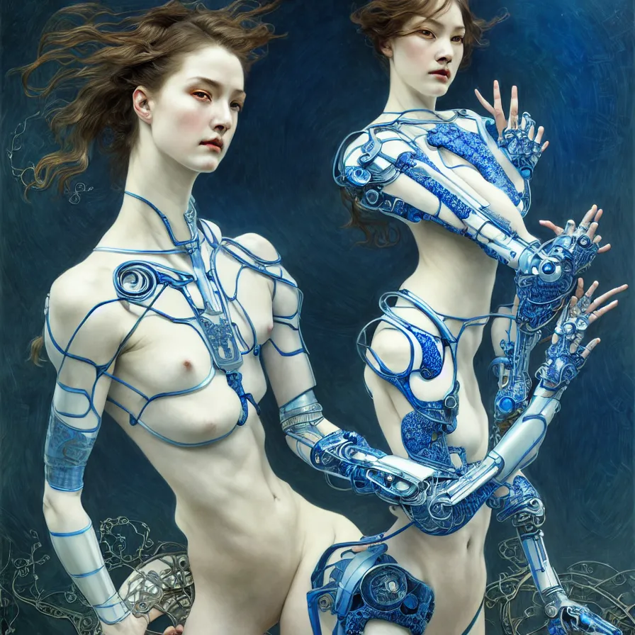 Image similar to organic cyborg, chinese blue and white porcelain, diffuse lighting, fantasy, intricate, elegant, highly detailed, lifelike, photorealistic, digital painting, artstation, illustration, concept art, smooth, sharp focus, art by john collier and albert aublet and krenz cushart and artem demura and alphonse mucha