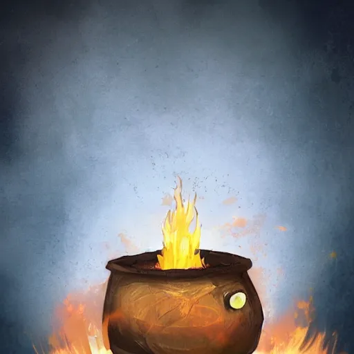 Prompt: a cauldron filled with a magical green glowing potion hanging above a campfire, night, fantasy, digital art, mysterious